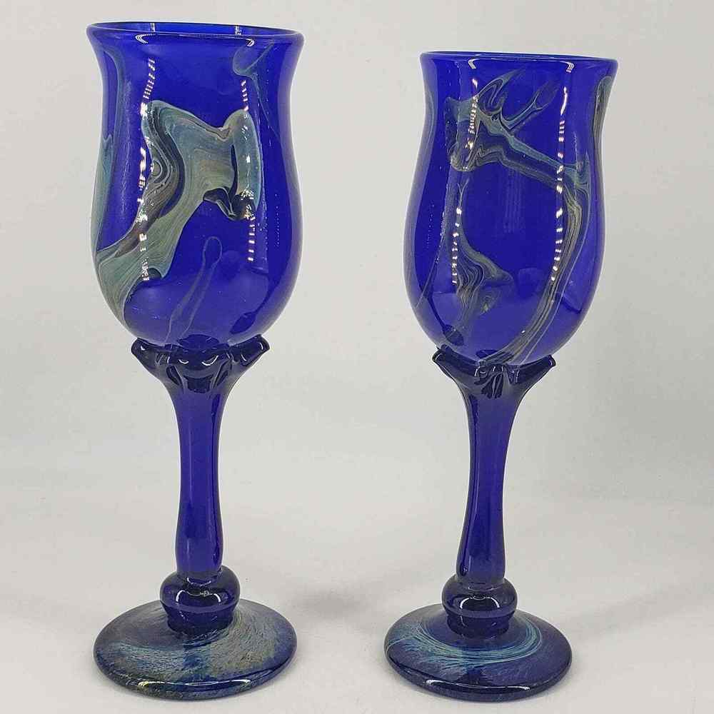 Pair of Slater Studio Hand Blown Cobalt Blue Art Glass Tall Wine Goblets Glasses